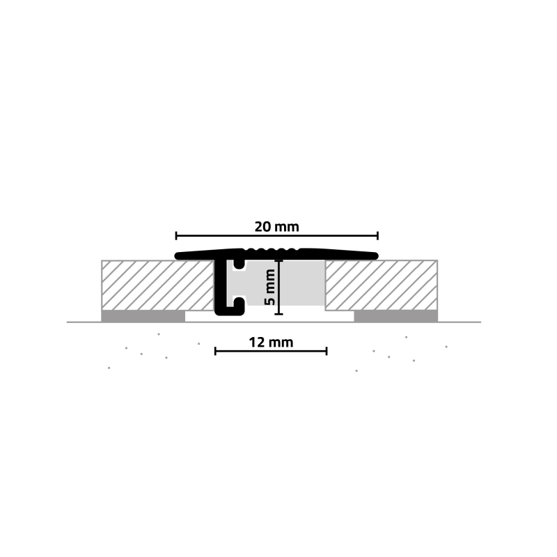 Querschnittzeichnung des minileiste Übergangsprofils UL20X5: 20 mm breite Deckfläche, 5 mm Stegtiefe, 12 mm Auflage