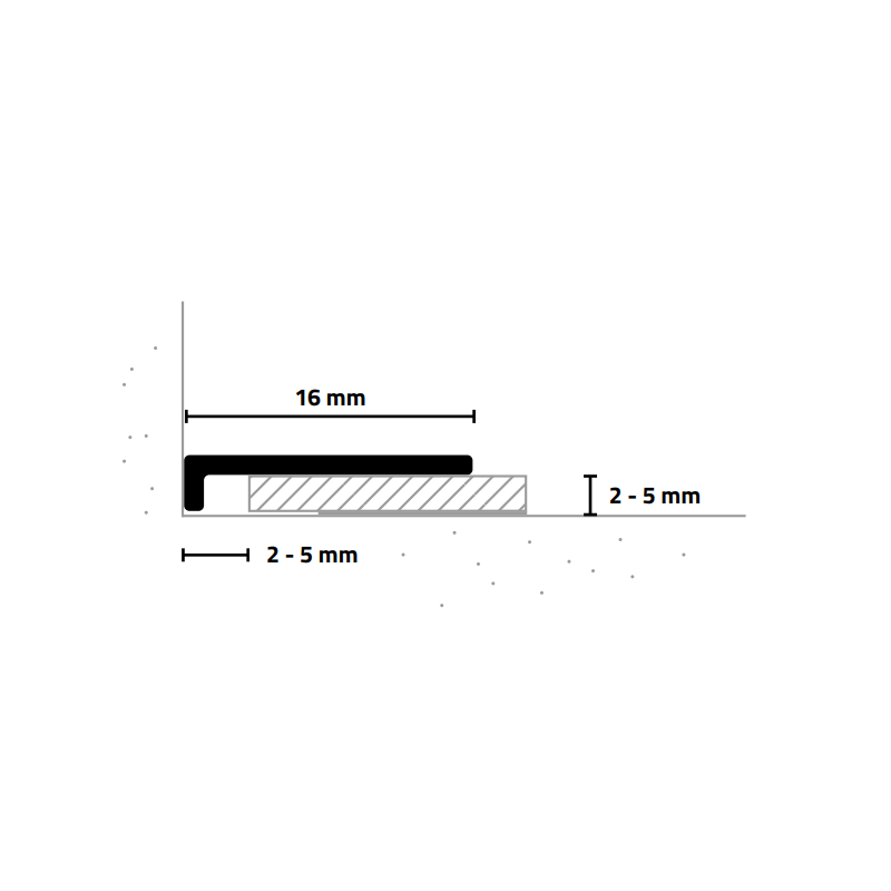 Querschnittzeichnung des minileiste Abschlussprofils AL16X2: 16 mm breite Deckfläche für Belagsstärken von 2 bis 5 mm