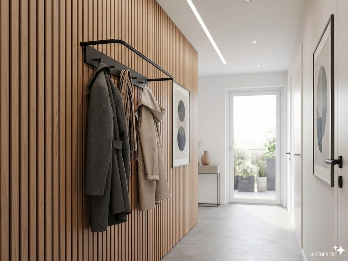 Corpet Acusticwall Espada Wandpaneel im Flur mit Garderobe