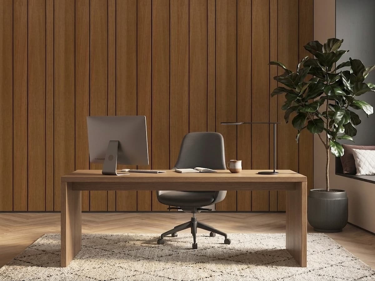 Corpet Acusticwall Premium Espada Wandpaneel im Homeoffice hinter dem Schreibtisch