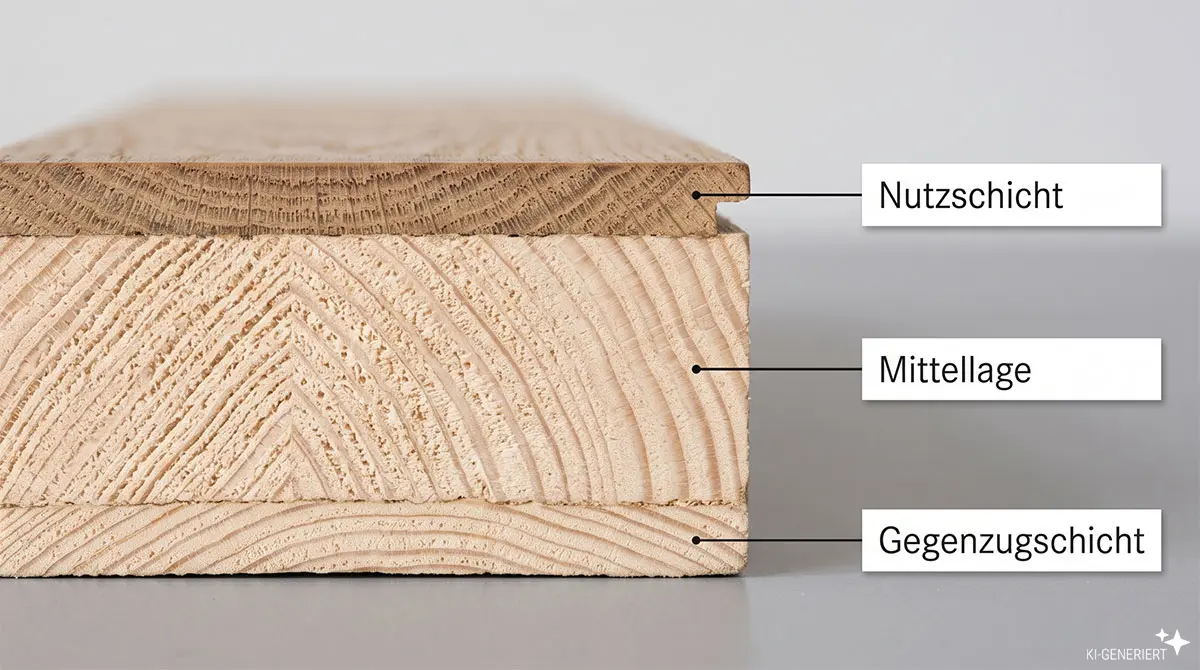Querschnitt durch Fertigparkett mit Nutzschicht, Mittellage und Gegenzugschicht