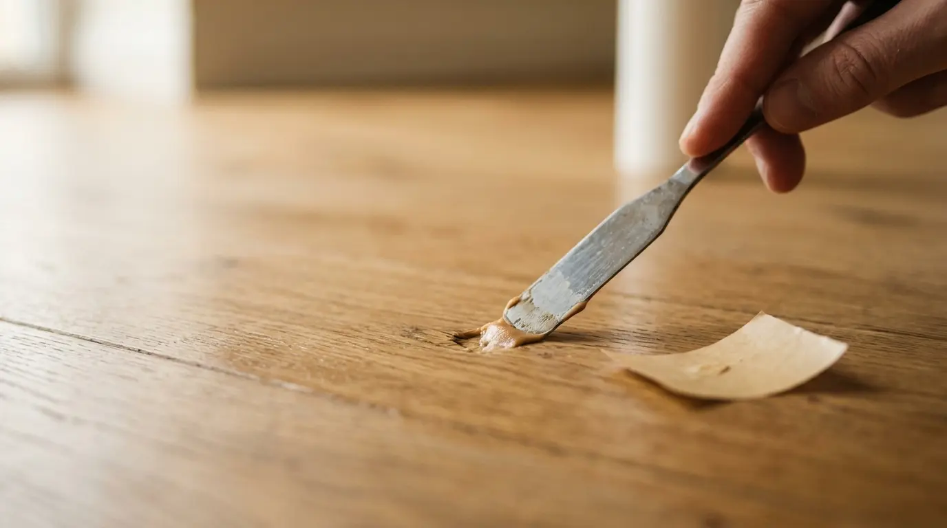 Kleine Schadstelle im Parkett wird mit Reparaturwachs ausgebessert