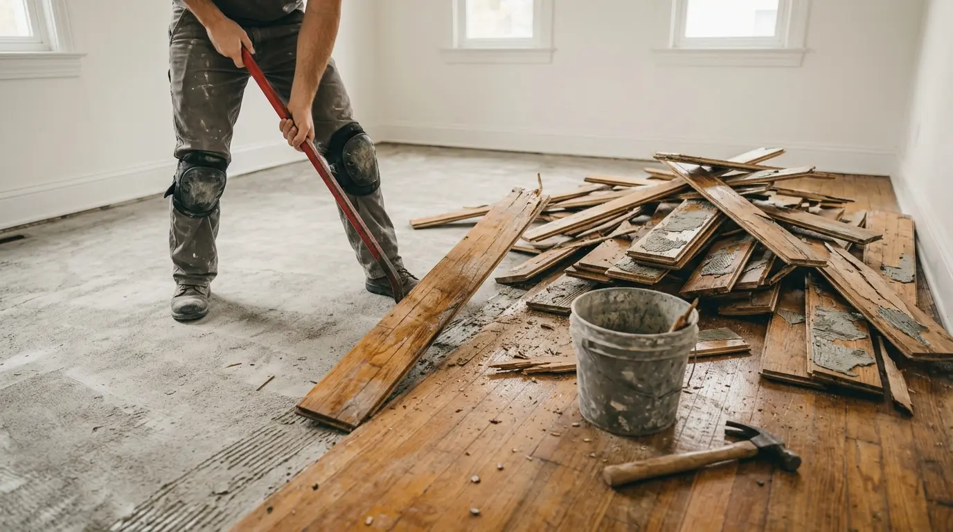 Arbeiter nimmt alte, beschädigte Dielen mit dem Brecheisen auf