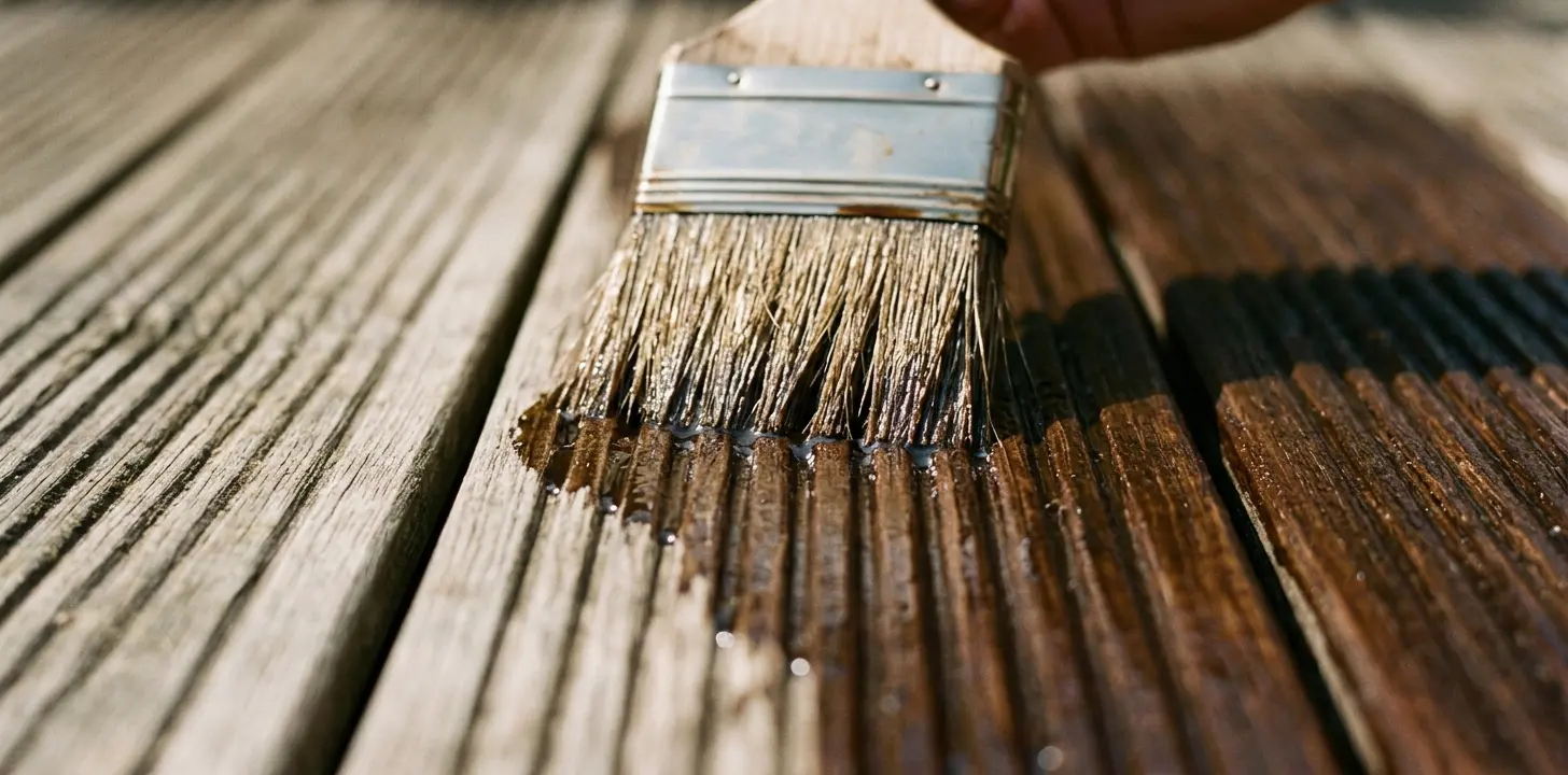 Pinsel trägt Öl auf eine Holzterrasse auf