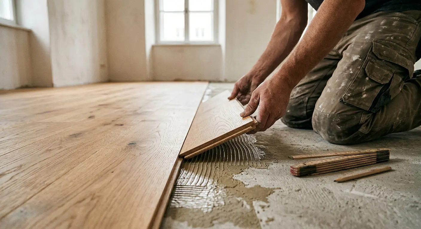 Handwerker setzt eine Eiche-Landhausdiele in frisch aufgezogenen Parkettklebstoff