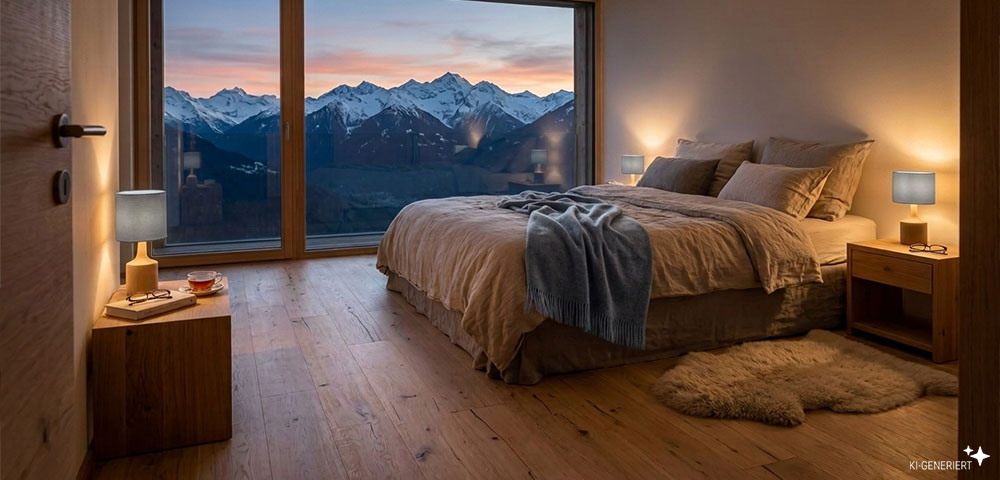 Landhausdiele Alpin Eiche Rohholzoptik im Schlafzimmer verlegt