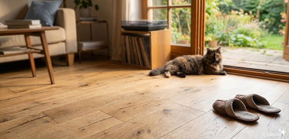 Landhausdiele Alpin Eiche Rohholzoptik verlegt im Wohnzimmer