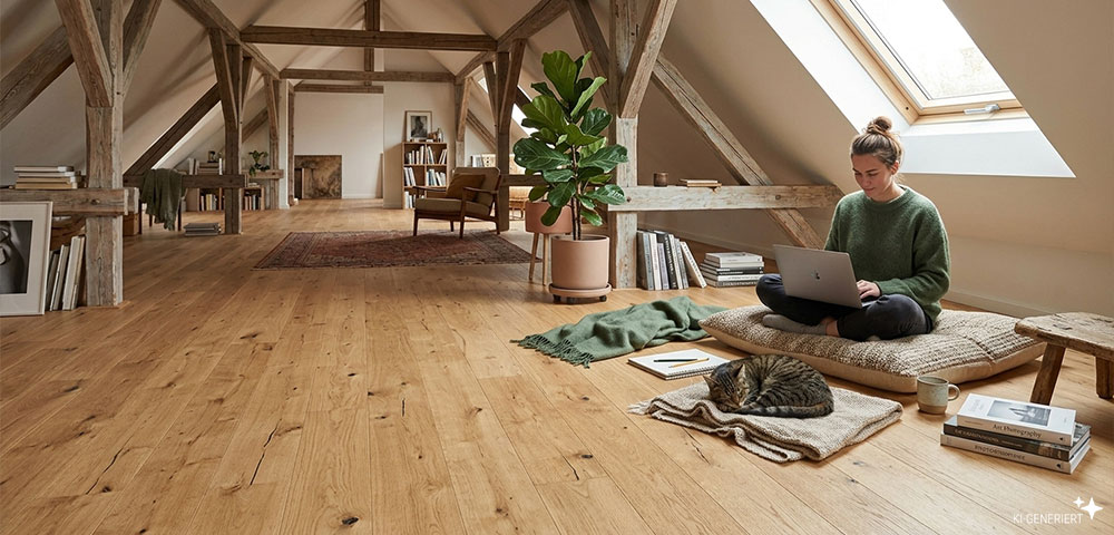 Landhausdiele XL Bavaria Eiche Natur in einem Dachgeschoss-Loft mit Schrägen verlegt
