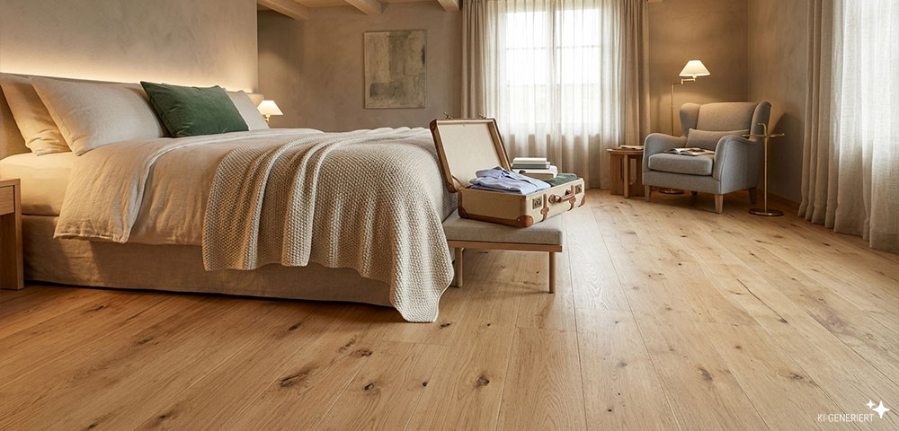 Landhausdiele XL Bavaria Eiche Natur in einem Gästezimmer verlegt