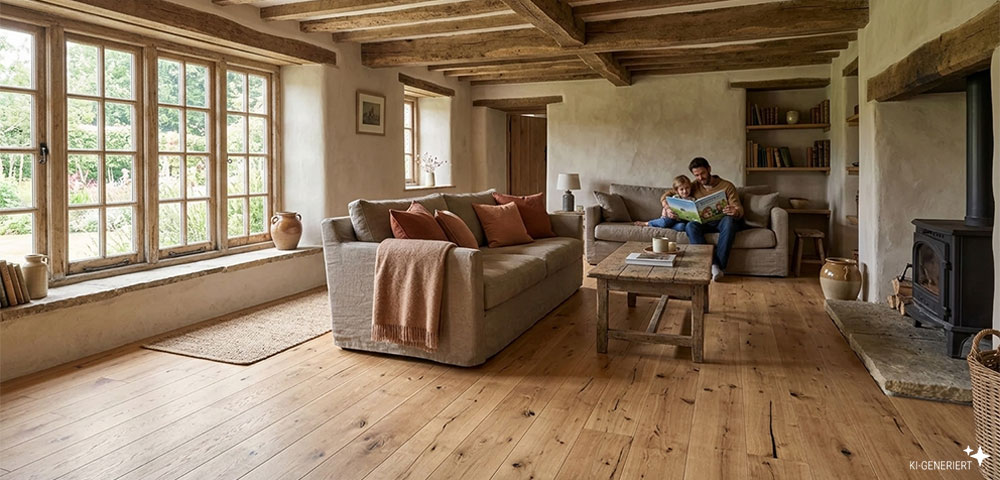 Landhausdiele Istria Eiche Rustikal handgehobelt im Wohnzimmer im Landhausstil verlegt