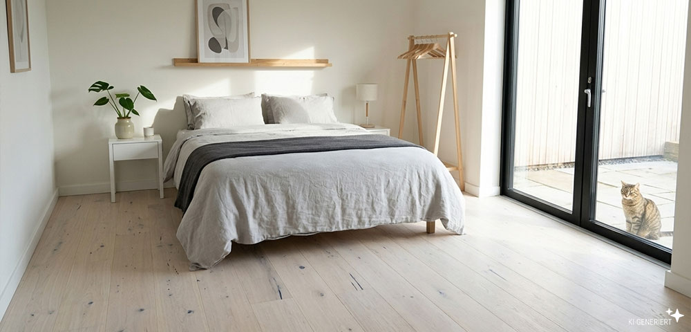 Landhausdiele Nordic Eiche Weiß verlegt im Schlafzimmer