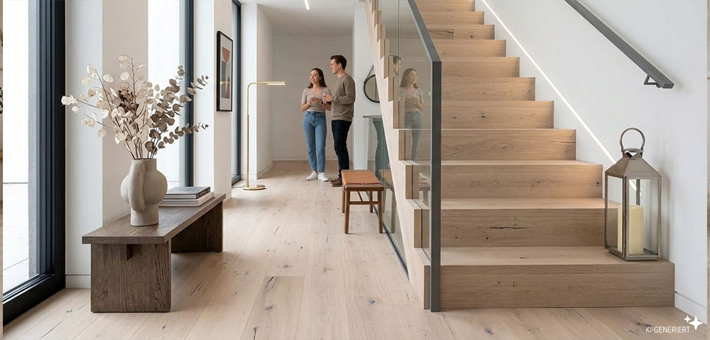 Landhausdiele Nordic Eiche Weiß im Treppenhaus, Treppe ebenfalls mit Parkett verlegt
