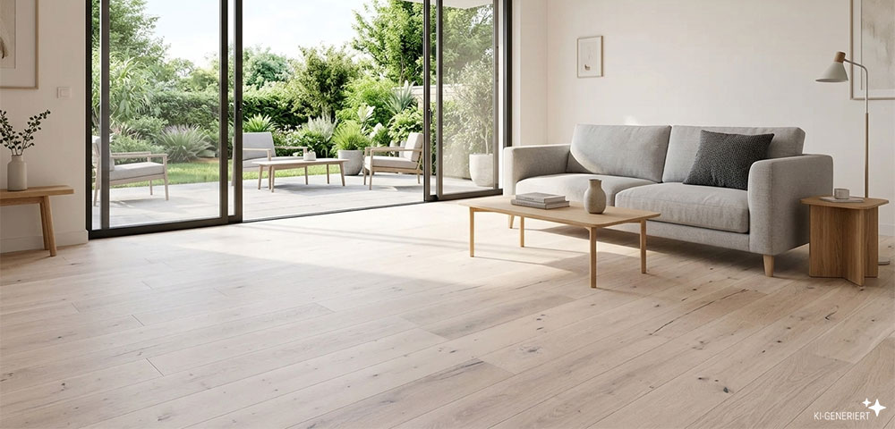 Landhausdiele Nordic Eiche Weiß im Wohnzimmer mit Terrassenanschluss verlegt
