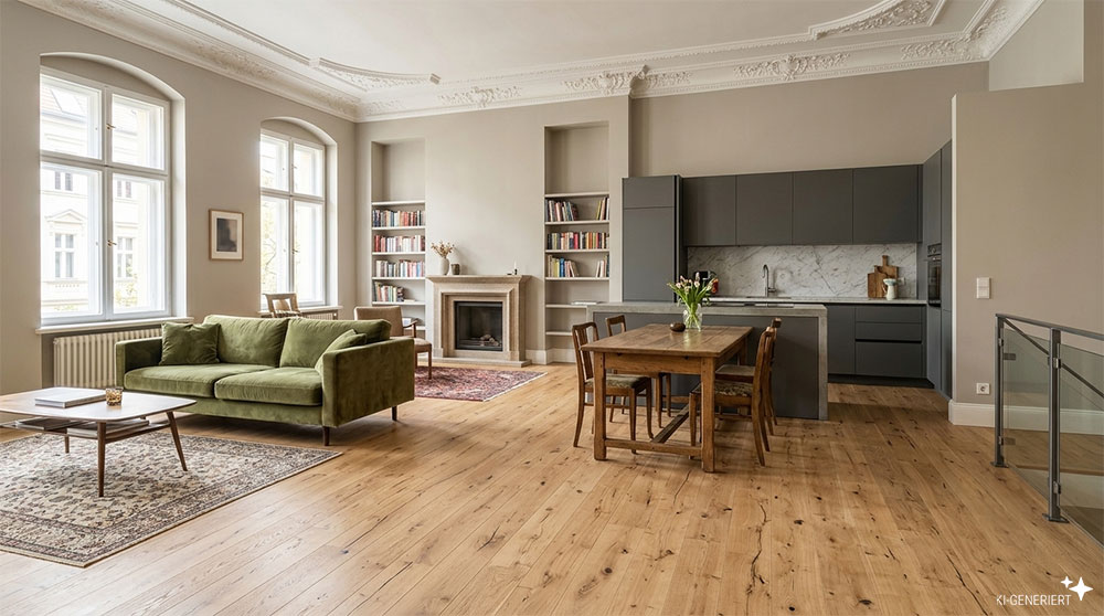 Landhausdiele Steiermark Eiche Natur in einer Wohn-Ess-Küche im Altbau verlegt