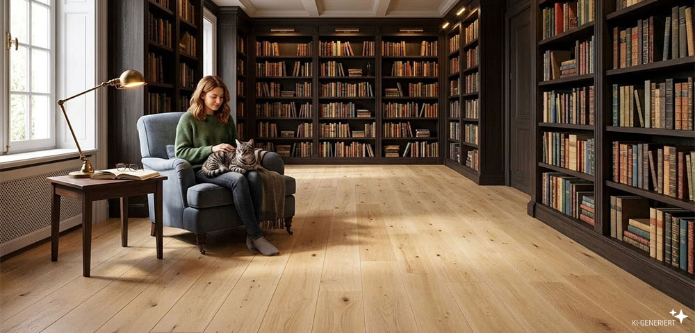Landhausdiele Sylt Eiche Elegance in einem Lesezimmer/Bibliothek verlegt