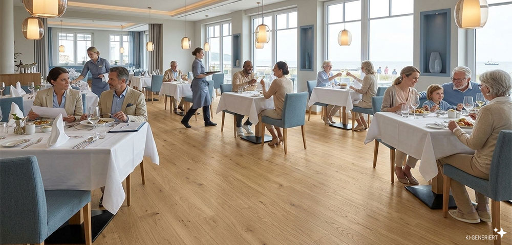 Landhausdiele Sylt Eiche Elegance in einem Restaurant verlegt
